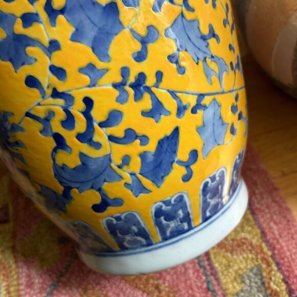 Vintage Artistic Yellow and Blue Asian Floral Vase 19" tall - Picture 8 of 12
